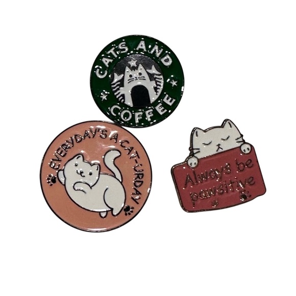 NWOT 3 Cat Lover Pins, Cat and Coffee Starbucks Inspired and Stay Pawsit… - Picture 1 of 4